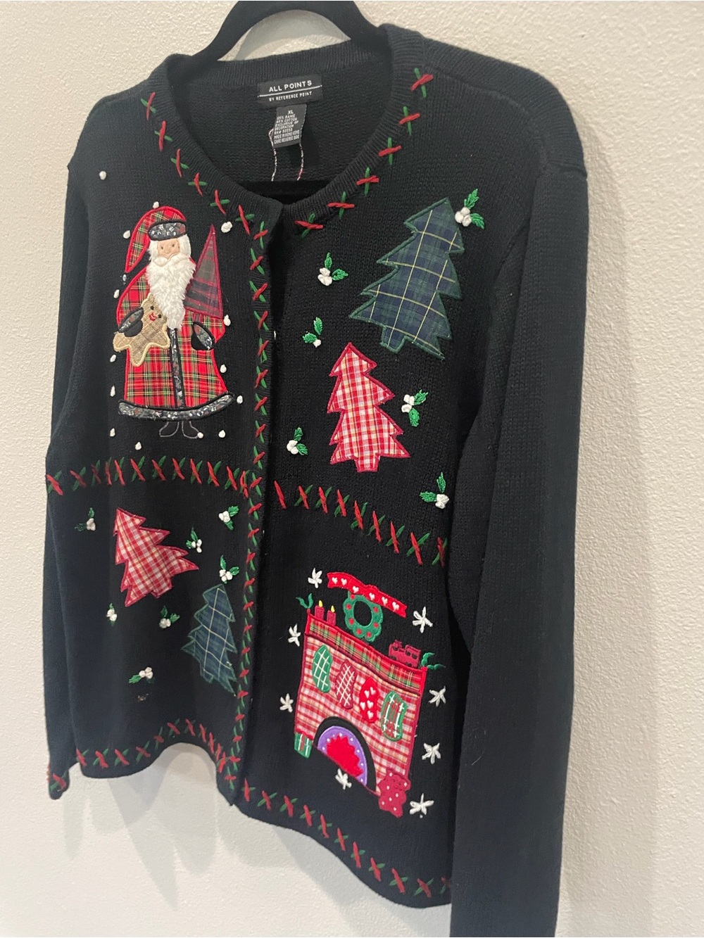 All Points Festive Holiday Cardigan Sweater with Plaid Appliqués